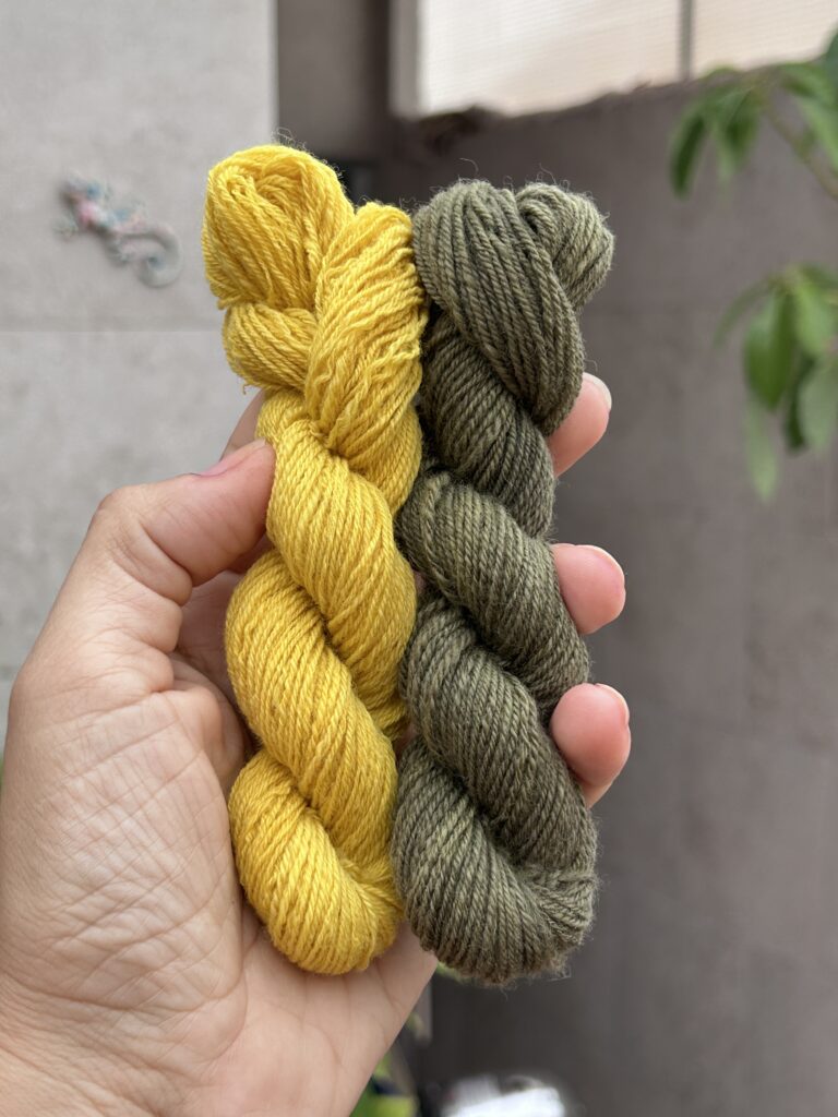 Dos madejas teñidas con hojas de olivo, una de ellas modificada con sulfato de hierro ha cambiado el color a verde